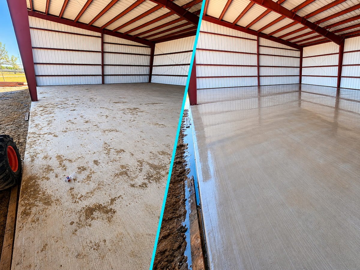 Commercial post-construction concrete floor pressure washing before and after in Purdon, TX.