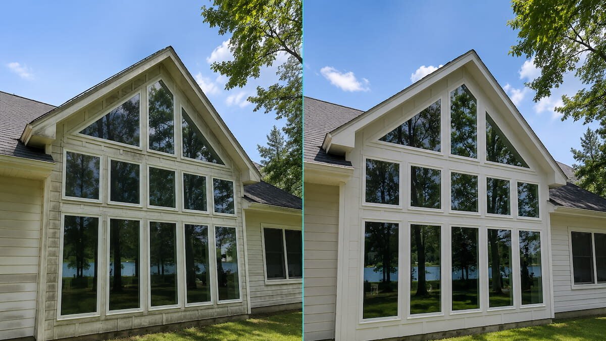 Before and after house washing at The Shores on Richland Chambers Lake TX