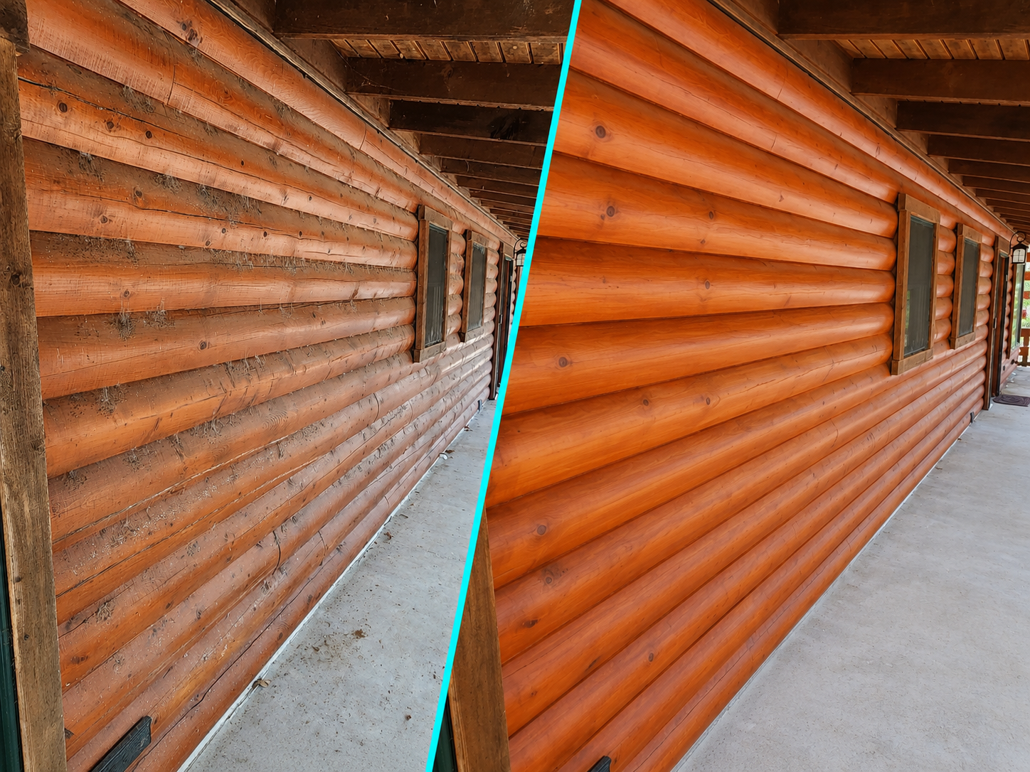 Before and after log home house washing in Streetman TX