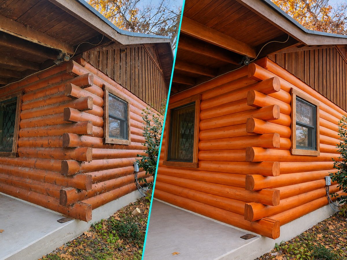 Log cabin soft wash before and after showing spider web and grime removal in Streetman, TX.