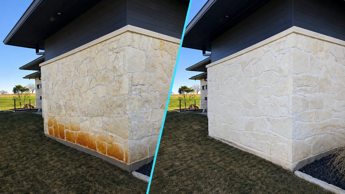 Austin stone rust and irrigation stain removal before and after on Richland Chambers Lake in Southpoint, Streetman, TX.