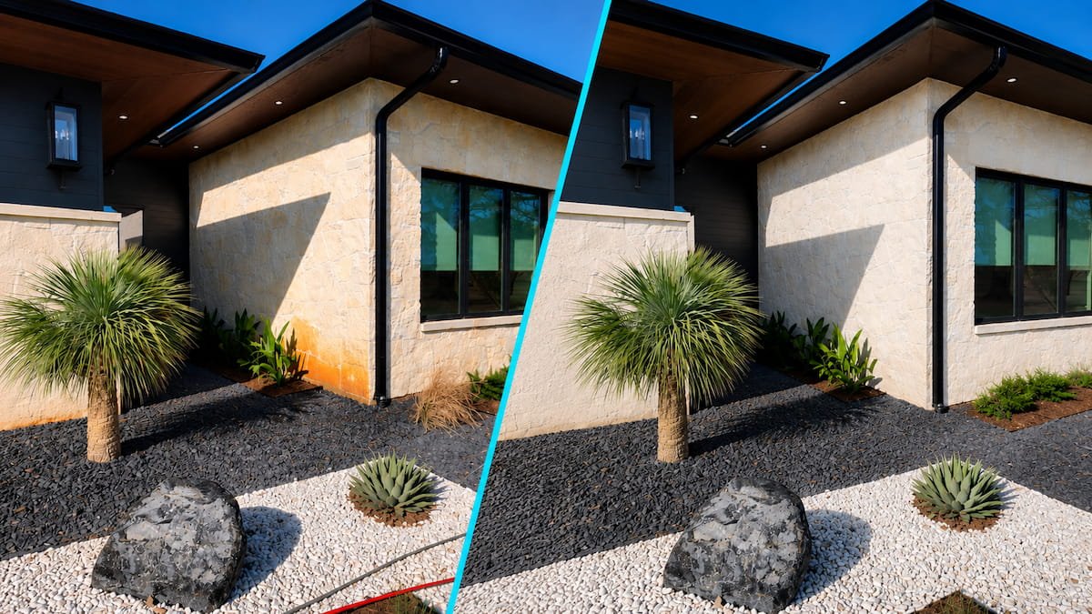 Austin stone irrigation rust stain removal before and after showing clean landscaping on Richland Chambers Lake in Southpoint, Streetman, TX.