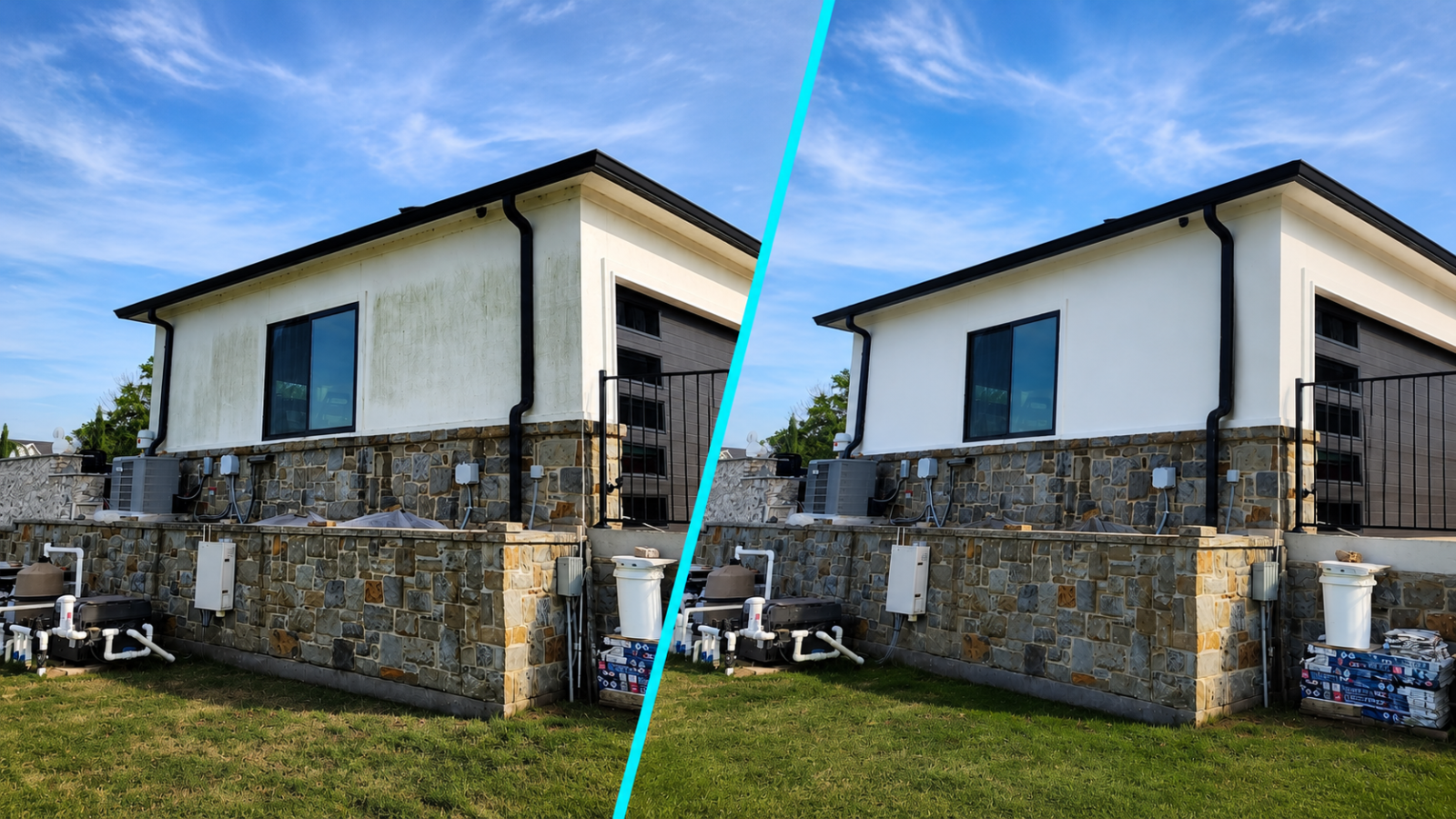 Before and after house washing results on a modern stucco and stone home near Richland Chambers Lake in Corsicana, Texas, showing removal of green algae and organic staining from white exterior walls with a diagonal cyan divider.