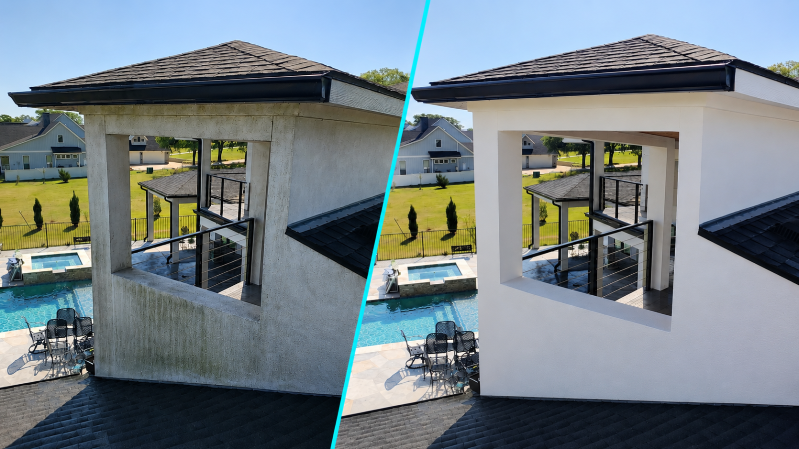 Before and after exterior cleaning on a modern roofline and parapet wall near Richland Chambers Lake in Corsicana, Texas, showing removal of algae and organic staining from white stucco surfaces with a cyan diagonal divider.