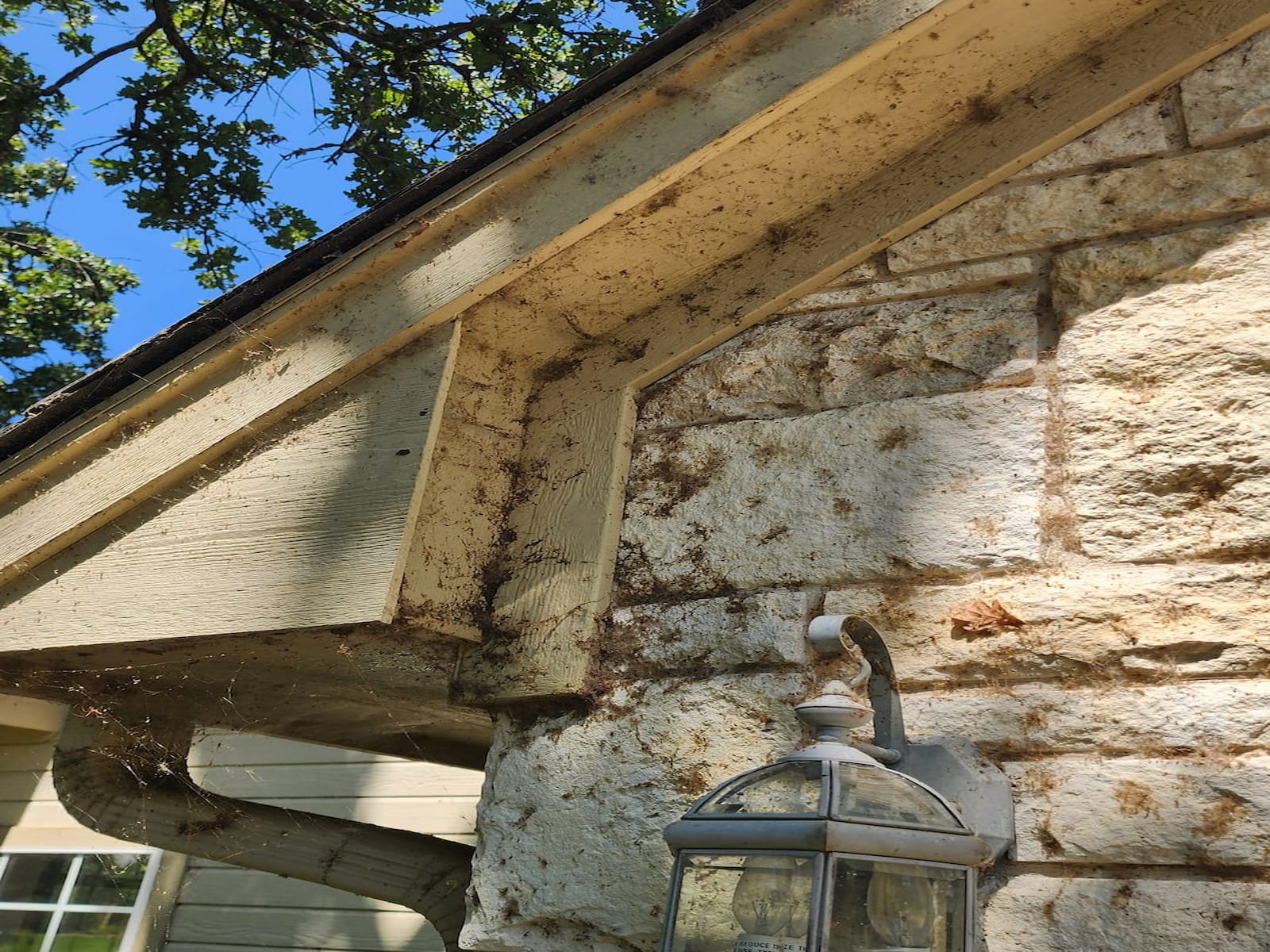 Dirty soffit and exterior wall before house washing in Streetman TX