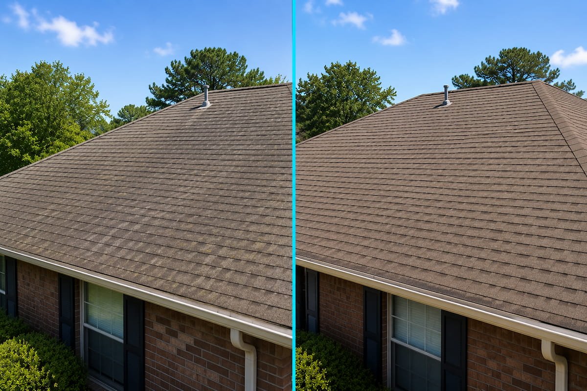 Before and after roof washing in Blooming Grove TX