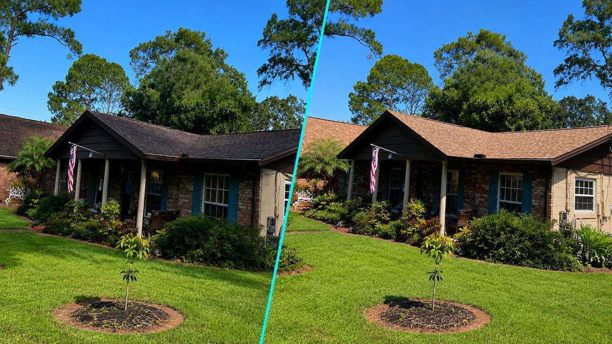 Low pressure roof cleaning before and after on a brick home in Waxahachie TX by Bonnie and Clyde's