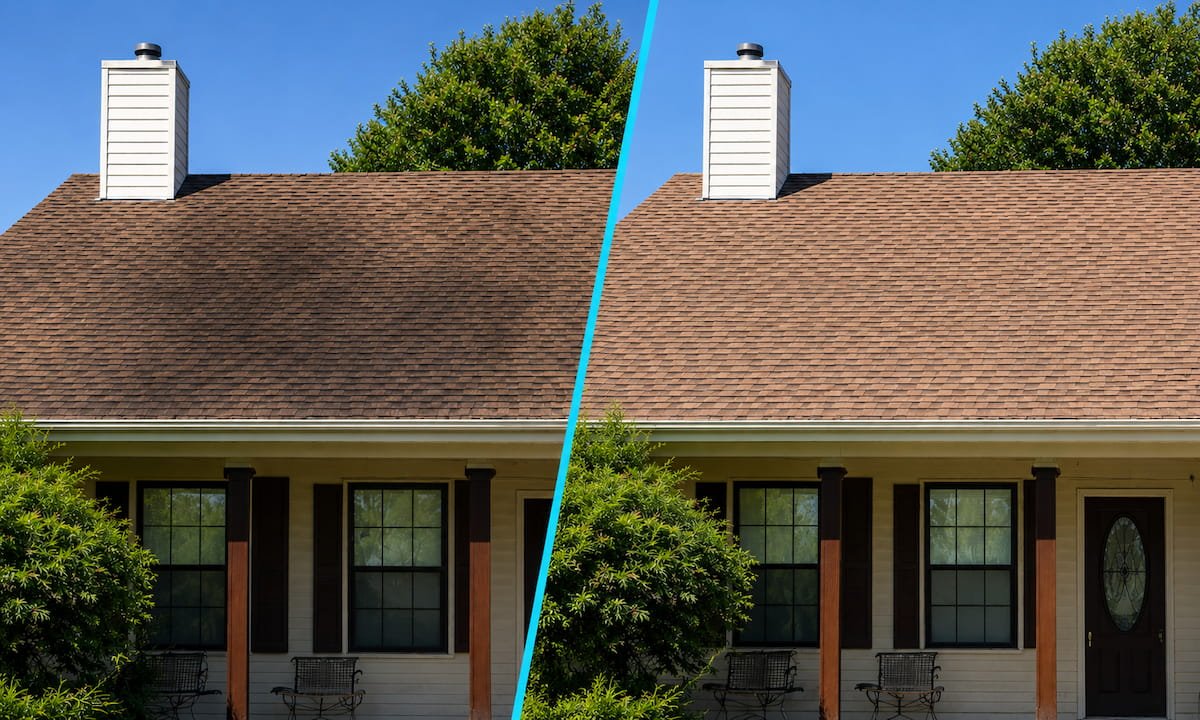 Roof washing before and after showing black algae streak removal from asphalt shingles in Corsicana TX
