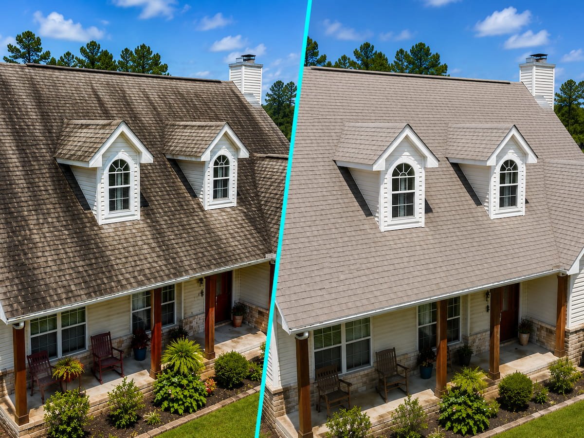 Before and after roof cleaning in Rice TX