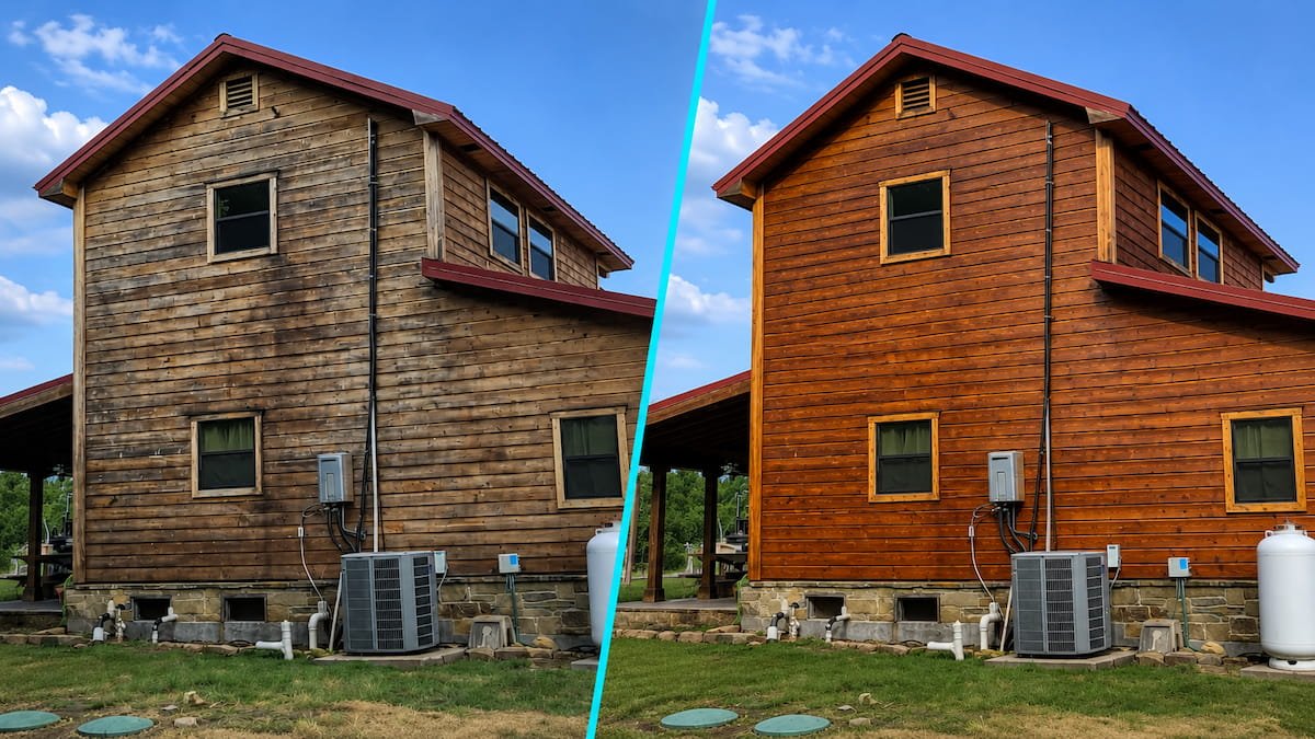 Wood siding cabin soft wash before and after showing mold and gray oxidation removal in Kerens, TX.