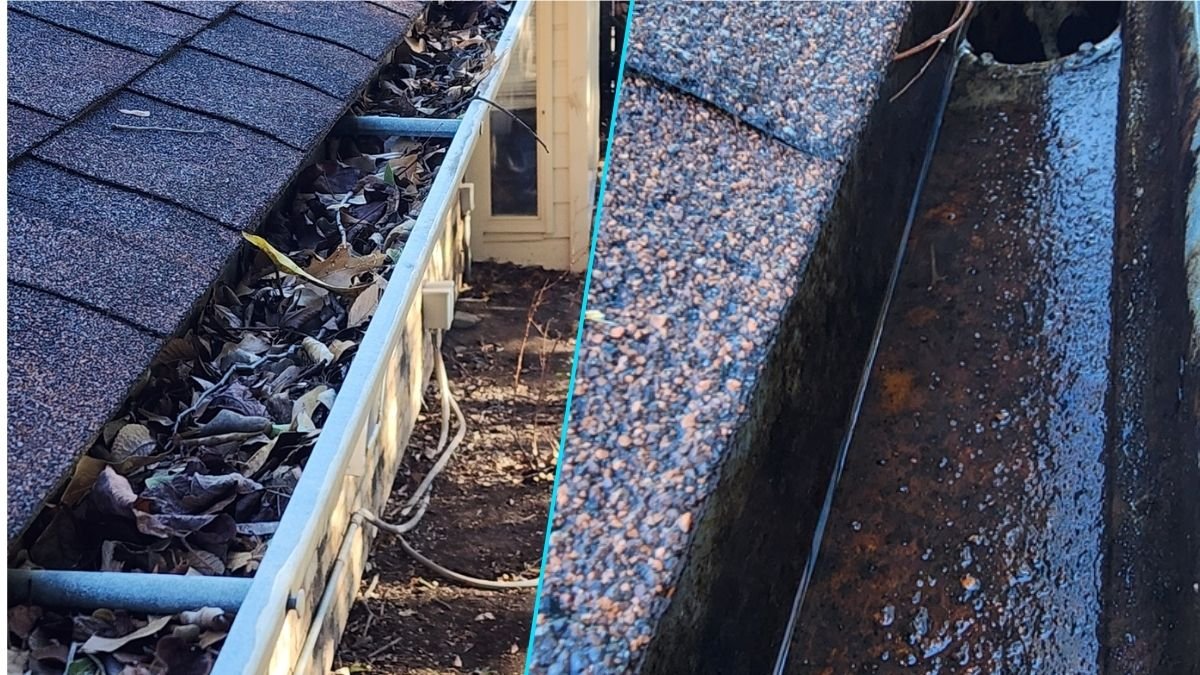 Before and after gutter cleaning showing clogged gutters full of leaves and debris restored to proper water flow in Ennis, TX.