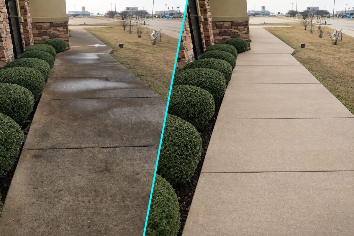 Concrete cleaning in Corsicana TX before and after commercial walkway pressure washing