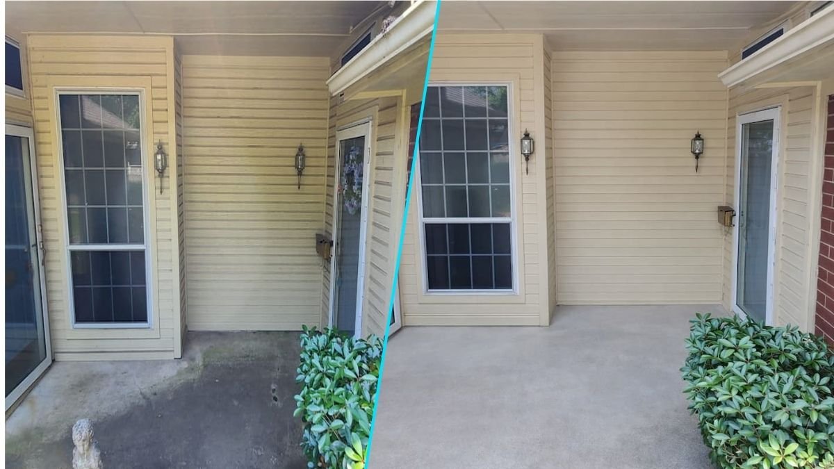 Before and after house washing and concrete cleaning on a covered patio entryway in Ennis, TX.