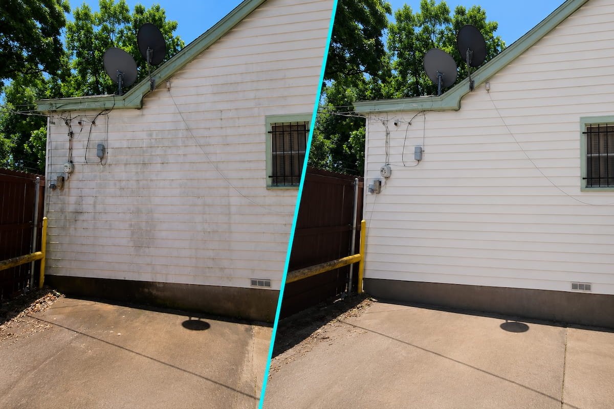 Before and after comparison of pressure washing on dirty white aluminum siding with green trim in Athens, Texas.