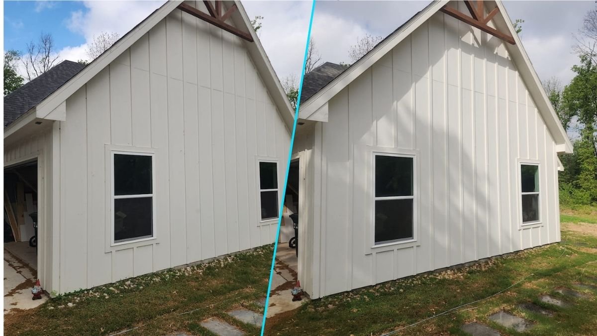 Before and after comparison of a professional soft wash house cleaning on a white board and batten home near Richland Chambers Lake in Corsicana, Texas.