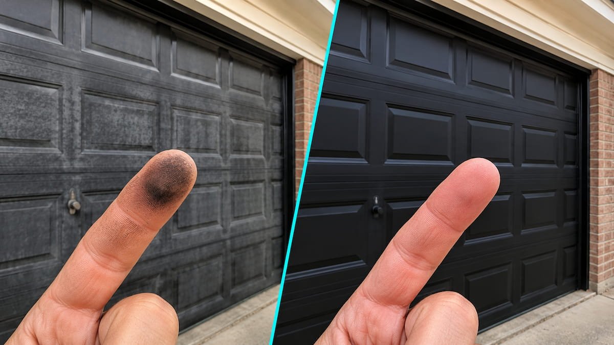 Before and after oxidation removal in Corsicana TX showing a faded black garage door restored to a rich black finish with no chalky residue on a fingertip.