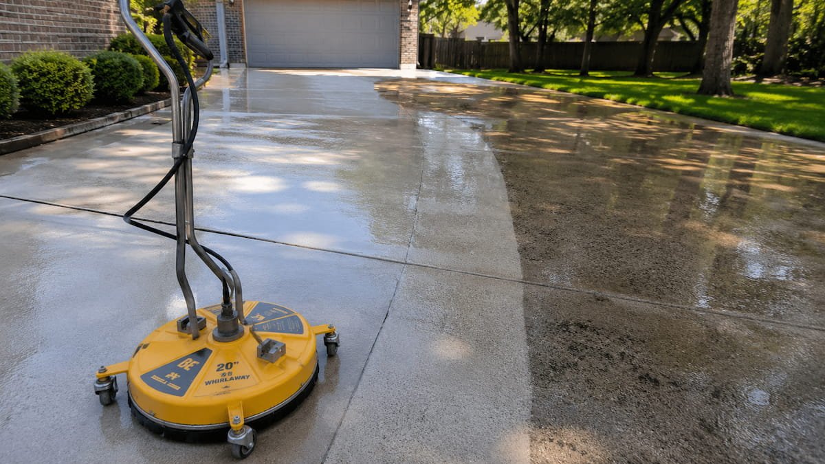 pressure washing services - Freshly pressure washed concrete driveway in Waxahachie, Texas with a BE 20" Whirlaway surface cleaner showing the contrast between cleaned and dirty concrete.