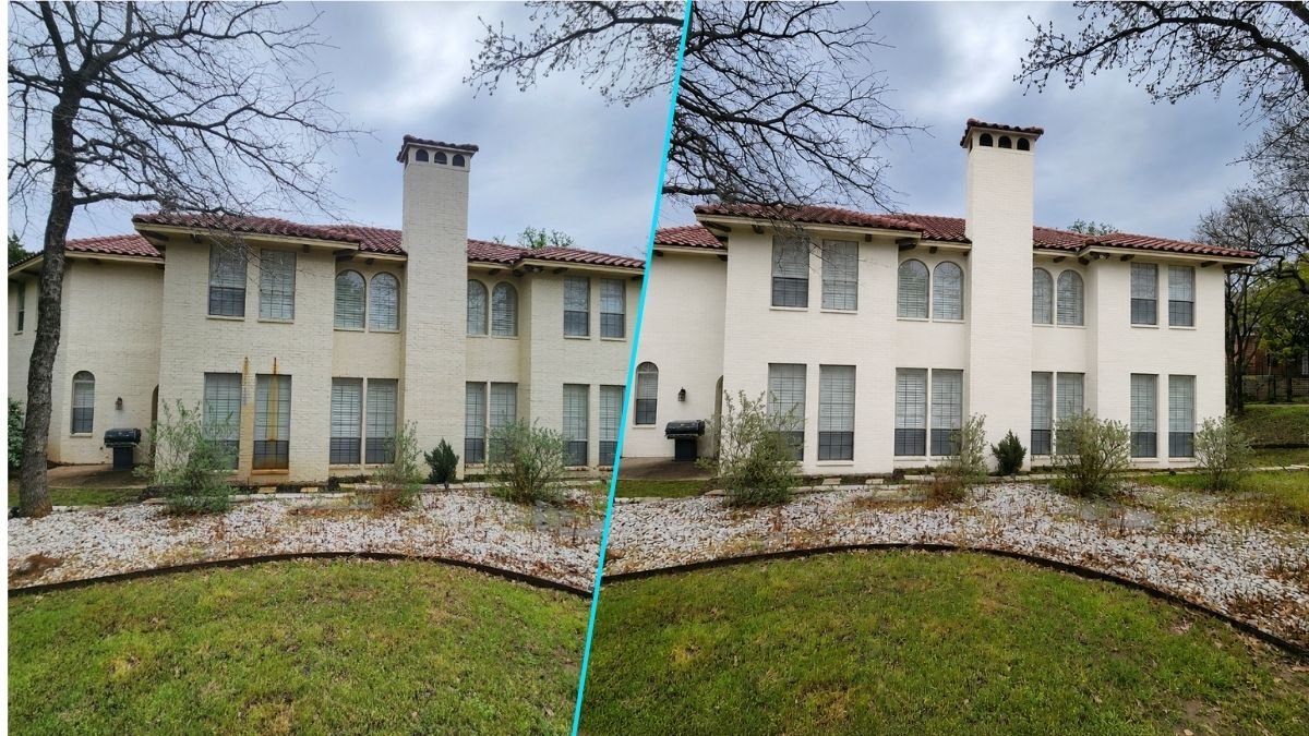 Before and after rust stain removal, house washing, and window cleaning on a two-story brick home in Dawson, TX.