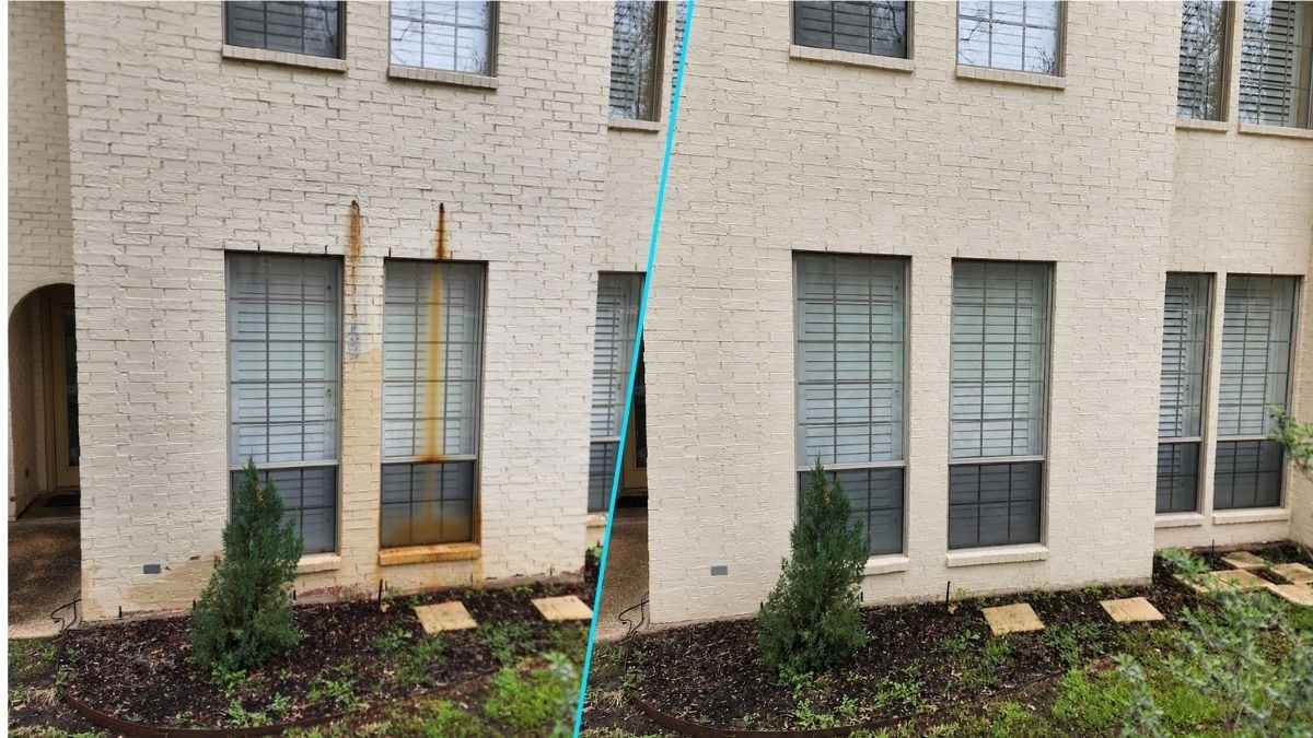 Before and after image showing severe rust stains removed from painted brick and windows professionally cleaned at a home in Dawson, Texas.