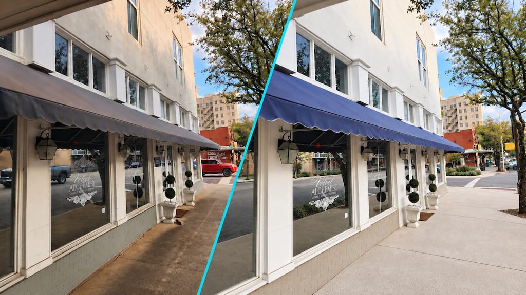 Before and after commercial pressure washing of storefront in downtown Corsicana, TX