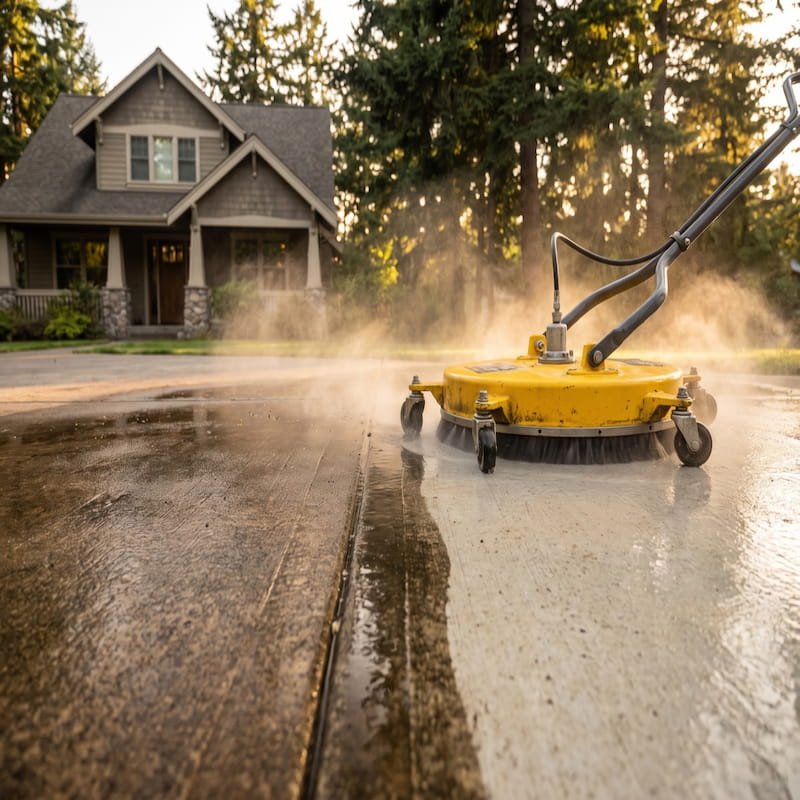 Yellow professional surface cleaner washing a residential concrete driveway.