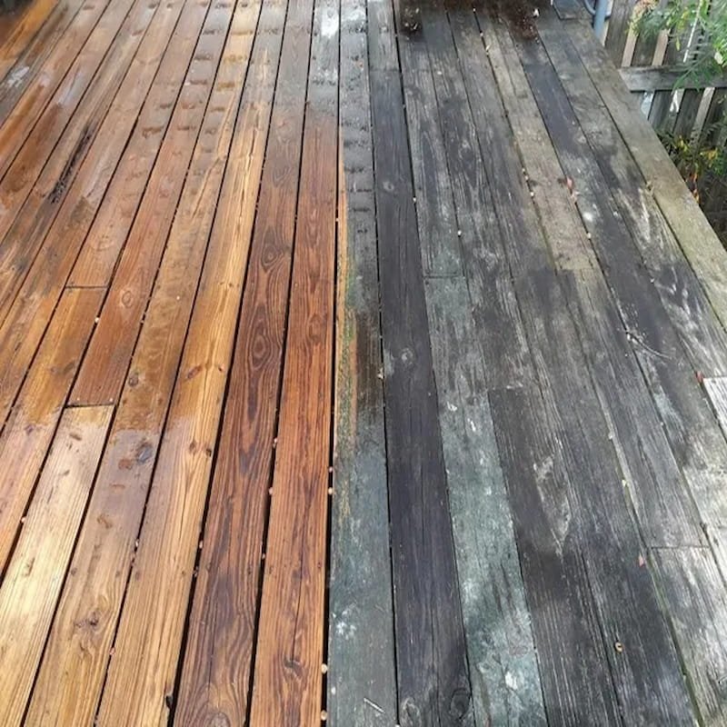 Side-by-side comparison of a clean restored wood deck next to dark grey algae.
