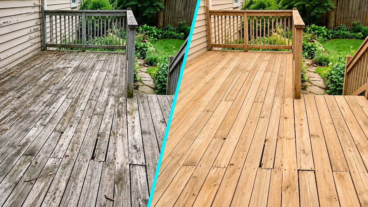 Before and after wood deck cleaning and restoration in Ennis, TX