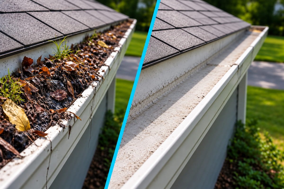 Before and after gutter cleaning in Dawson, TX