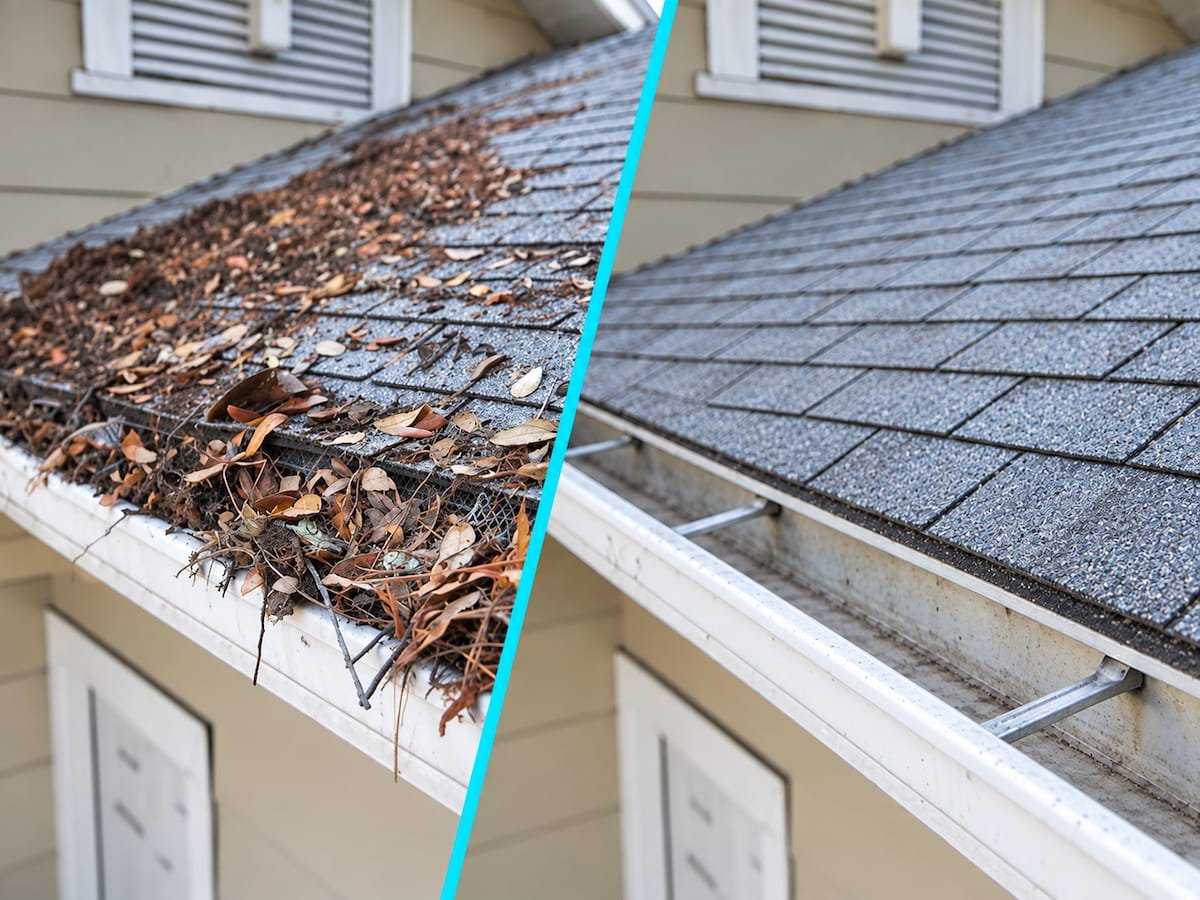 Before and after gutter guard removal and gutter clean out in Waxahachie, TX