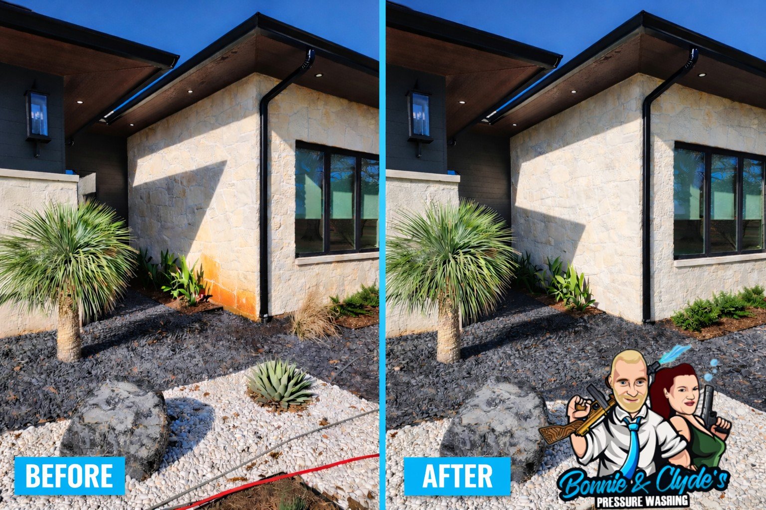 House Washing before and after removing red clay stains from stone siding