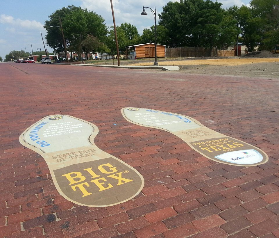 Big Tex footprints on the brick streets of downtown Kerens, TX