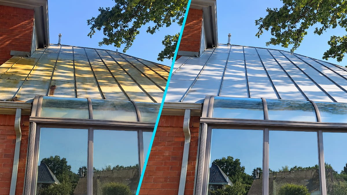 Before and after roof cleaning showing pollen and staining removed from a metal roof