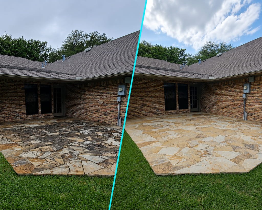 Before and after patio cleaning in Corsicana, TX