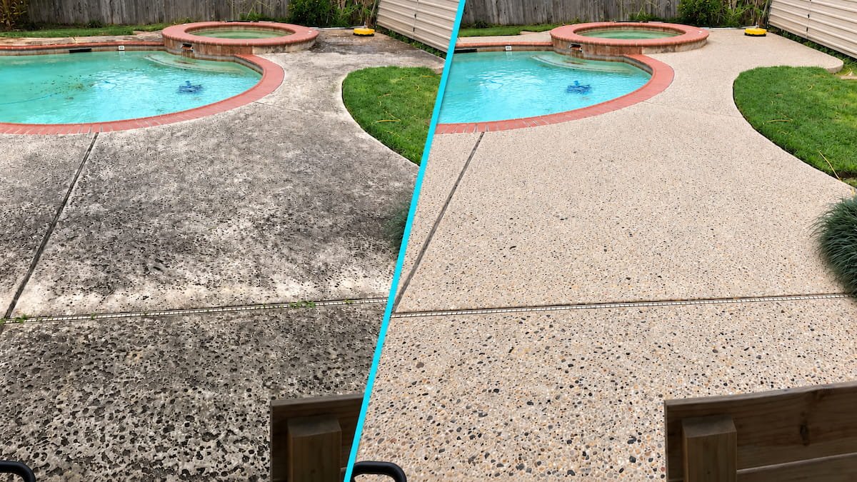 Before and after pool deck cleaning in Waxahachie, TX