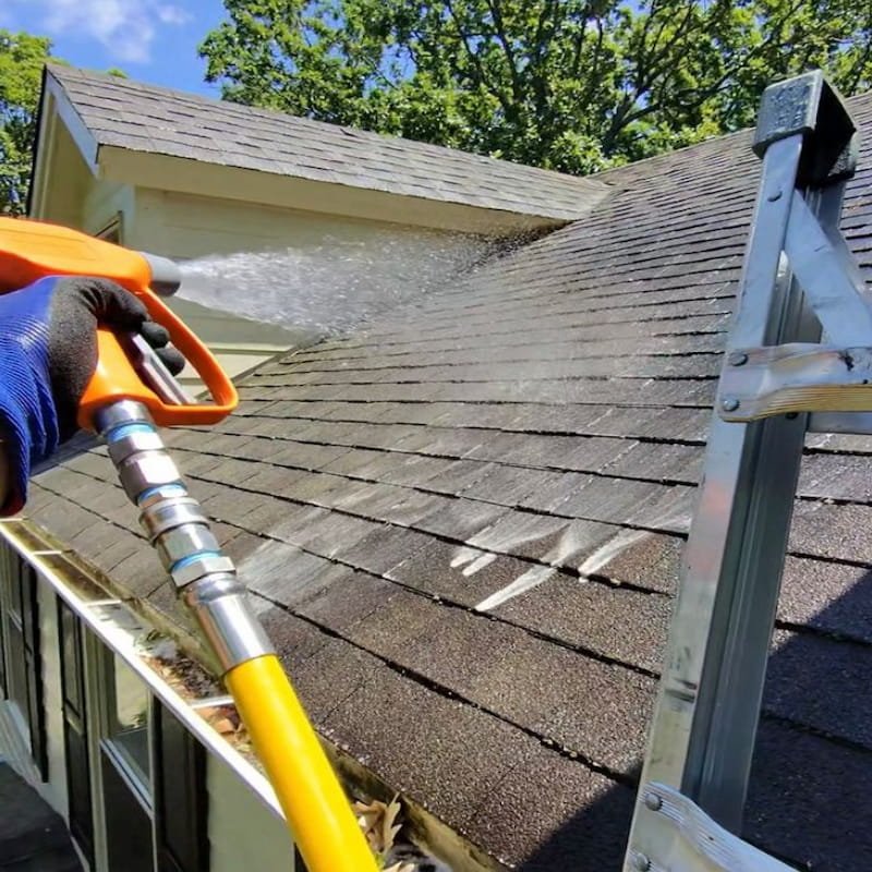 Safe soft wash chemical application on a stained asphalt shingle roof.