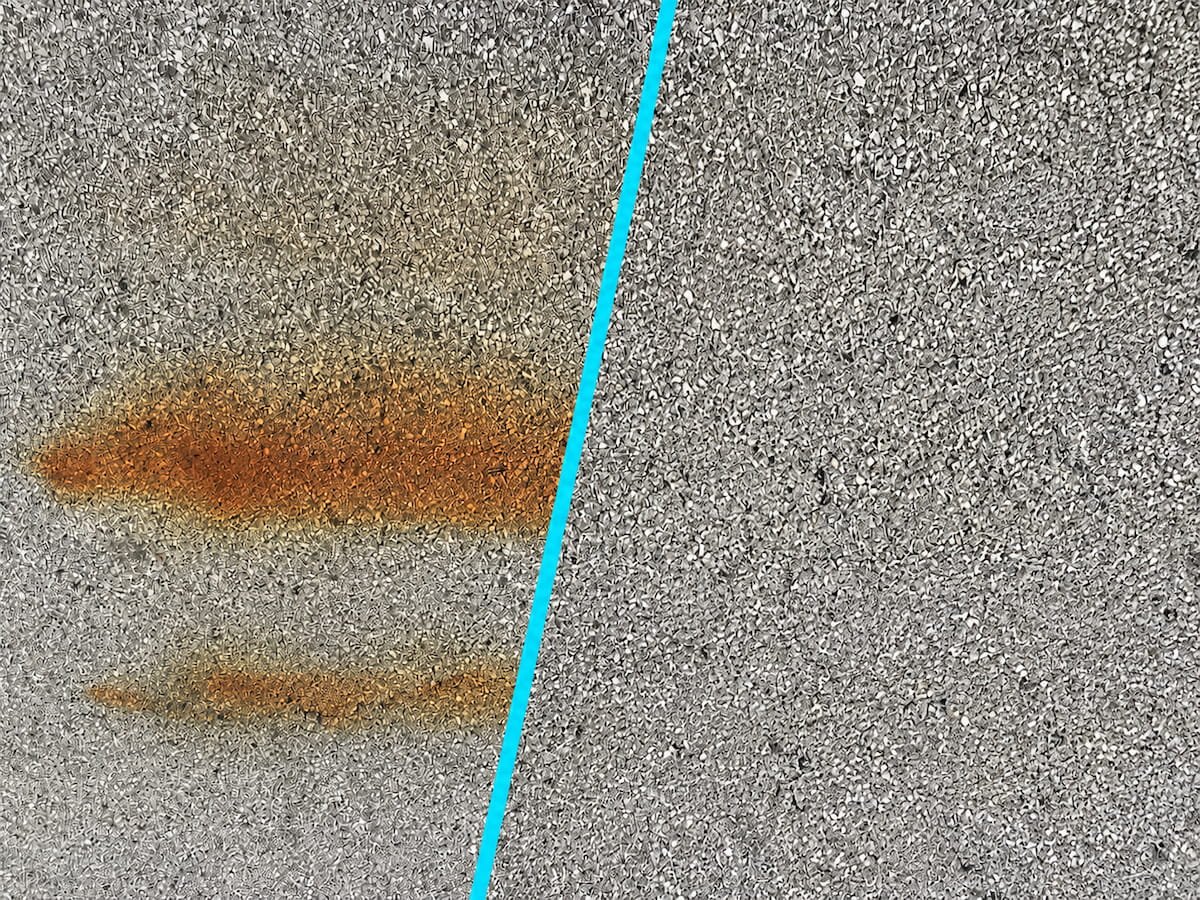 Before and after rust stain removal on concrete in Corsicana, TX